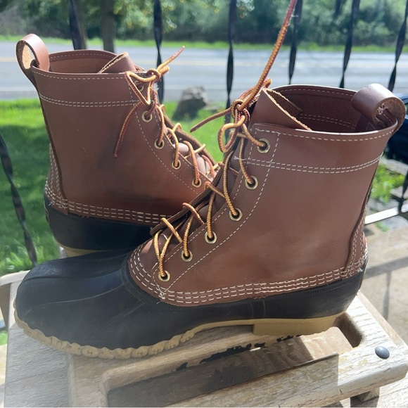 LL Bean Men’s 9M Duck Boots Tan Leather Brown Rubber 6 Eye Maine USA 8 Inch - Picture 7 of 11
